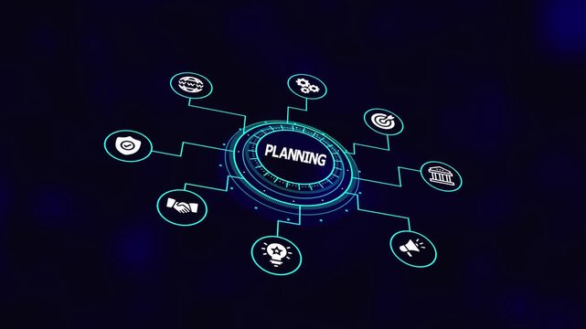 Strategic business planning interface with connected icons, digital roadmap visualization, corporate decision framework, and technology driven workflow.