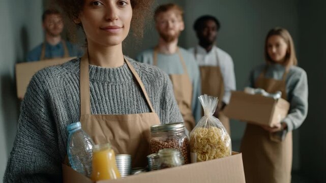 Diverse group of volunteers packing food supplies for community aid initiatives
