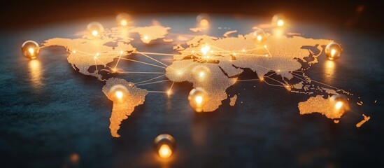 Glowing dotted world map with illuminated connection points symbolizing global network and communication