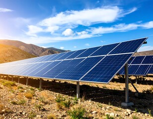 A field of photovoltaic panels are positioned on a slight incline, with a mountain range visible. The sky is blue with scattered clouds