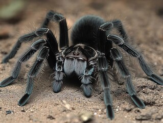 Close-up of a large hairy black tarantula on sandy ground, looming with an intense, menacing stare