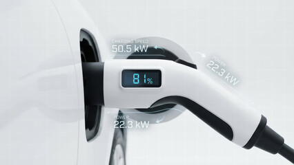 Electric vehicle charging station with sleek design, displaying charging speed and power levels. interface shows 81% charge, emphasizing