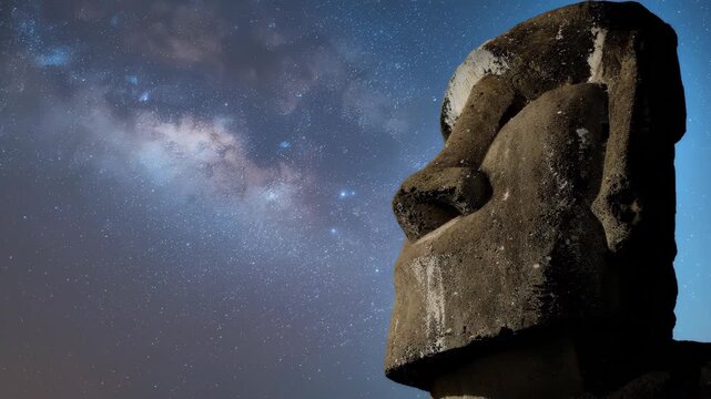 Ancient Stone Monolith Statue Under A Starry Night Sky With The Milky Way Galaxy Visible And A Distant Blue Horizon Under Low Light Conditions