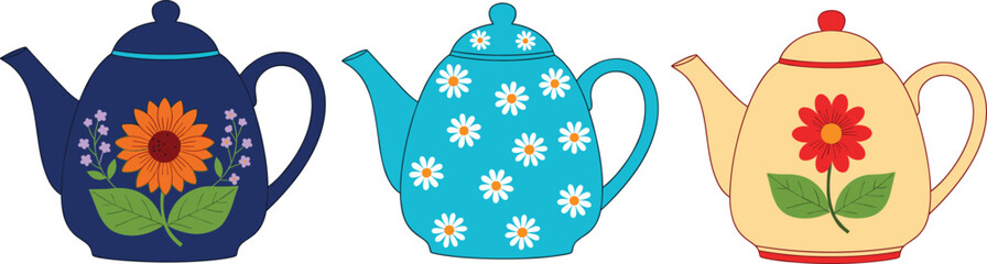 Decorative floral teapot vector set with sunflower, daisy and vintage flower patterns for kitchen decor, packaging, branding and home design