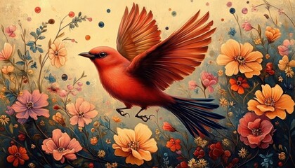 Fototapeta premium Bright red bird with wings spread flying above a colorful garden of blooming flowers in warm, vibrant tones