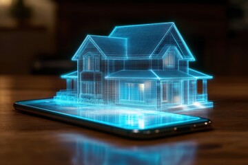 glowing blue digital wireframe hologram of a two-story house emerging from a smartphone on a wooden surface representing futuristic technology and home design