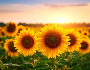 A field of vibrant sunflowers basks in the golden light of a setting sun, creating a warm and cheerful landscape
