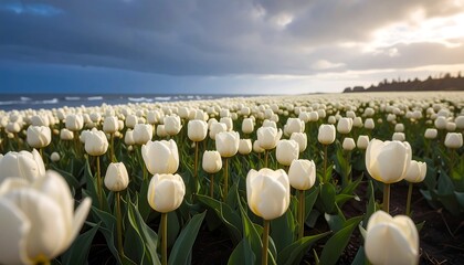 A field of white flowers stretches towards the horizon beneath a dramatic sky with the ocean in the distance