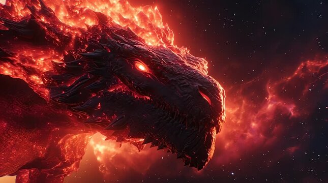 Fiery dragon head with glowing eyes in a cosmic background