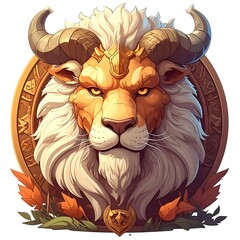 A fierce, golden lion's head with majestic horns and a flowing white mane is framed within a decorated gold circle