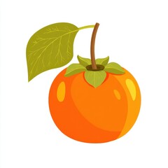 Vibrant Orange Persimmon Fruit with Green Leaf and Stem on White Background