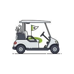 A simple illustration of a white golf cart with clubs and a flag for hole 18 isolated on transparent background