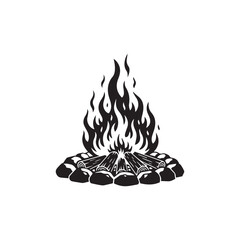 Vintage art illustration of a campfire burning brightly with flames and firewood