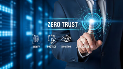 Man Touches Zero Trust Security Concept with Icons