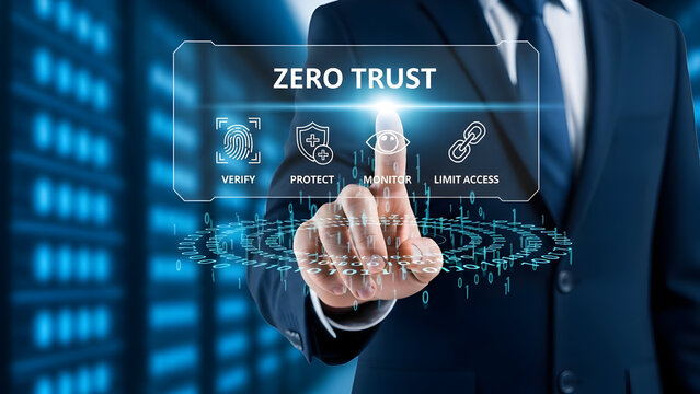 Man Touches Zero Trust Security Interface with Icons - Powered by Adobe