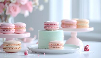 Fototapeta premium Pastel colored cakes and macarons, clean background, elegant composition, high detailed texture, modern bakery style