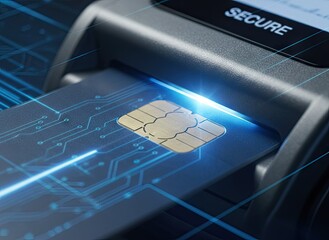 Secure Digital Payment Transaction With Credit Card Chip Inserted Into Terminal With Blue Glowing Lights And Circuit Board Graphics