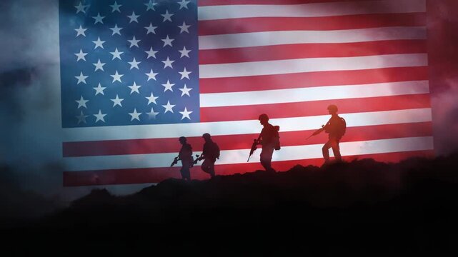 Silhouettes of people walking past American flag backdrop with smoke and mist