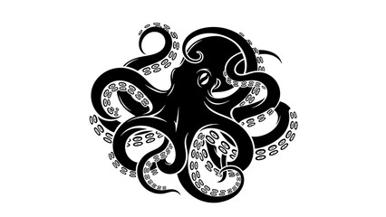 A black and white stylized illustration of an octopus in a dynamic pose © graphicsobai