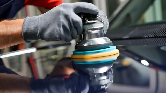 Focused view of a technician applying mirror polishing techniques on coated metals creating a flawless glasslike surface with intense reflections.