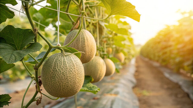 Cantaloupe Melon on tree branch in garden, Cantaloupe Melon tree in natural warm sunlight background