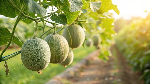 Cantaloupe Melon hanging tree in garden, Cantaloupe Melon on tree in natural warm sunlight background