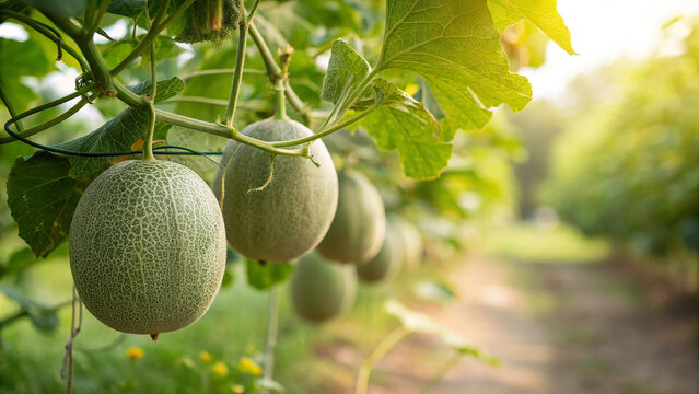 Cantaloupe Melon hanging on tree in garden, Cantaloupe Melon tree in natural background