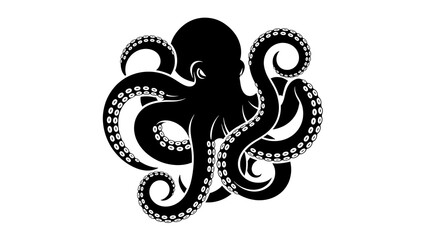 A striking black octopus silhouette with swirling tentacles and detailed suckers on a white background