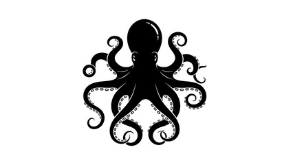 A stylized black and white illustration of an octopus with tentacles spread out in a dynamic pose