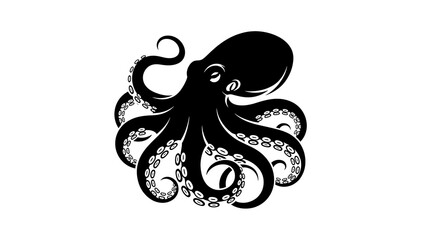 A black and white vector illustration of an octopus with detailed tentacles and suction cups © graphicsobai