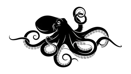A captivating and intricate black silhouette design of an octopus with dynamically swirling tentacles. © graphicsobai