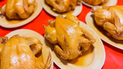 Boiled Whole Chicken on Plates Traditional Asian Food, Chicken menu 