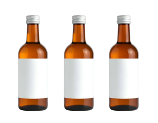 Three amber glass bottles with silver caps and blank labels