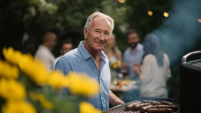 Elderly man enjoying outdoors barbecue gathering with friends in park