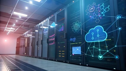 Modern server room with glowing digital cloud network connecting data racks