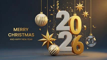 Merry christmas and happy new year 2026 festive holiday greeting card with ornaments