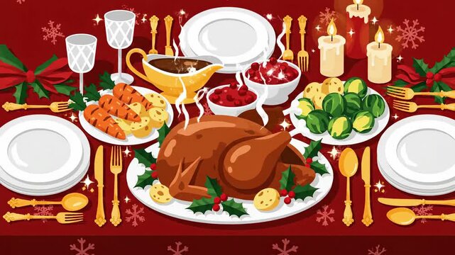 Festive feast illustration holiday dinner table setting with roasted turkey and traditional dishes