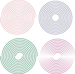 Four colorful red blue green and purple spiral and circular patterns