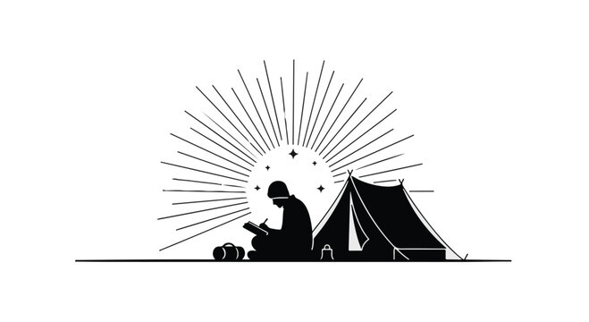 Silhouette of person writing in journal outdoors by tent under starry sky