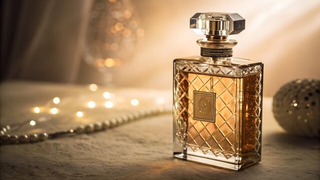 Elegant glass perfume bottle with luxurious golden liquid and soft bokeh lights