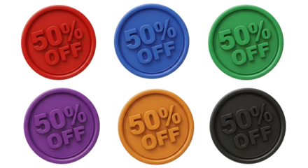 Collection of six colorful 3D wax seal icons advertising fifty percent off sales on transparent background