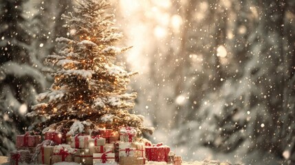 Magical winter forest scene with a snow covered christmas tree adorned with gifts and falling snowflakes