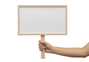 A hand holding a blank wooden sign with a white rectangular area to display text on a transparent background