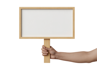 A hand holding a blank wooden sign with a white rectangular area to display text on a transparent background