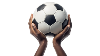 human hands holding soccer ball isolated