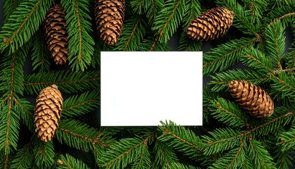 A flat lay image of evergreen sprigs arranged around a blank white card. Five pinecones are scattered. The background is dark