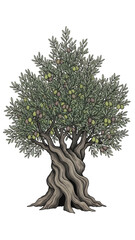 Illustration of an olive tree with small leaves and greenish purple fruit