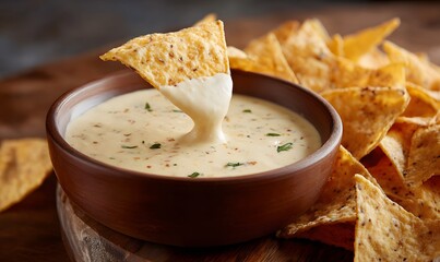 delicious looking chip dipping into white queso sauce,