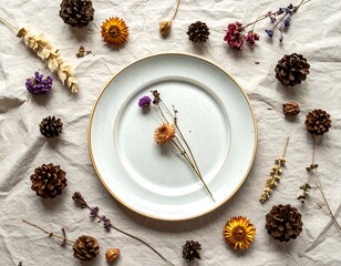 A flat lay of a round white plate with a gold rim and dried flowers. Pinecones and other botanical elements adorn the textured linen backdrop