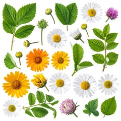 A flat lay of assorted floral elements, including green leaves, daisies, yellow flowers, buds, and a touch of pink clover, isolated